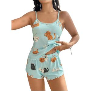 imageSHENHE Womens 2 Piece Cute Pajama Set Cartoon Cat Print Cami and Shorts Pj Lounge Set