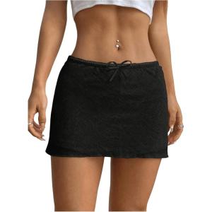 imageSHENHE Womens Low Rise Mini Skirt Bowknot Lettuce Hem Bodycon Skirt Y2K StreetwearBlack