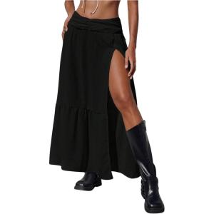 imageSHENHE Womens Summer Low Rise Maxi Skirt High Slit Ruffle Hem Flowy Boho Long SkirtBlack