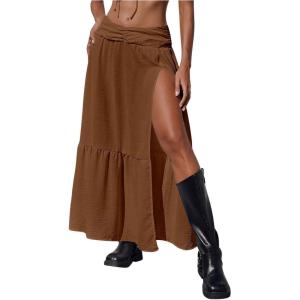 imageSHENHE Womens Summer Low Rise Maxi Skirt High Slit Ruffle Hem Flowy Boho Long SkirtBrown