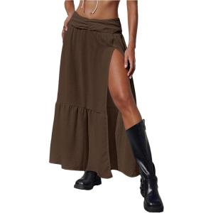 imageSHENHE Womens Summer Low Rise Maxi Skirt High Slit Ruffle Hem Flowy Boho Long SkirtChocolate Brown