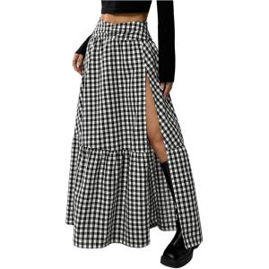 imageSHENHE Womens Summer Low Rise Maxi Skirt High Slit Ruffle Hem Flowy Boho Long SkirtGingham Black White