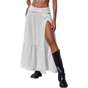 imageSHENHE Womens Summer Low Rise Maxi Skirt High Slit Ruffle Hem Flowy Boho Long SkirtWhite