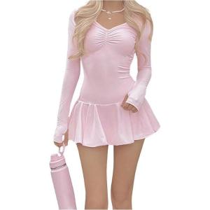 imageSHENHE Womens V Neck Long Sleeve Drop Waist Dress Flare Ruffle Hem Y2k Mini DressPink