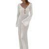 imageSHENHE Womens Crochet Knit Maxi Dress Deep V Neck Long Sleeve Sheer Sexy Long Cover Up DressWhite