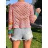 imageSHENHE Womens Floral Crochet V Neck Button Down Long Sleeve Cropped CardigansPink