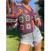 imageSHENHE Womens Floral Crochet V Neck Button Down Long Sleeve Cropped CardigansPurple