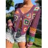 imageSHENHE Womens Floral Crochet V Neck Button Down Long Sleeve Cropped CardigansPurple