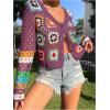 imageSHENHE Womens Floral Crochet V Neck Button Down Long Sleeve Cropped CardigansPurple
