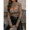 imageSHENHE Womens Leopard Print T Shirt Long Sleeve Mock Neck Cut Out Slim Fit Tee TopBrown