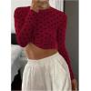 imageSHENHE Womens Polka Dots Sheer Mesh T Shirt Round Neck Slim Fitted Streetwear TopBurgundy