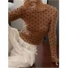 imageSHENHE Womens Polka Dots Sheer Mesh T Shirt Round Neck Slim Fitted Streetwear TopCoffee Brown
