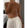imageSHENHE Womens Polka Dots Sheer Mesh T Shirt Round Neck Slim Fitted Streetwear TopCoffee Brown