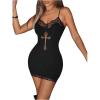 imageSHENHE Womens Deep V Neck Lace Trim Sexy Spaghetti Strap Bodycon Y2k Goth Mini Cami DressBlack