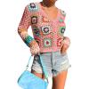 imageSHENHE Womens Floral Crochet V Neck Button Down Long Sleeve Cropped CardigansPink