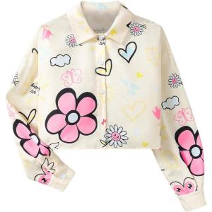 imageSHENHE Girls Collared Long Sleeve Button Down Shirts Loose Basic Cropped Blouse TopApricot