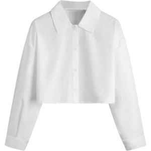 imageSHENHE Girls Collared Long Sleeve Button Down Shirts Loose Basic Cropped Blouse TopWhite