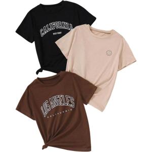 imageSHENHE Girls Graphic Tees Crew Neck Short Sleeve Cute Summer Tops 3 Packs T ShirtsBlack Brown Apricot