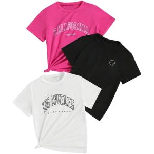 imageSHENHE Girls Graphic Tees Crew Neck Short Sleeve Cute Summer Tops 3 Packs T ShirtsBlack White Pink