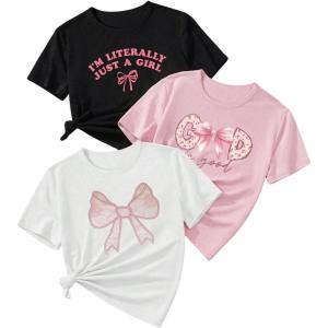 imageSHENHE Girls Graphic Tees Crew Neck Short Sleeve Cute Summer Tops 3 Packs T ShirtsPink Black White