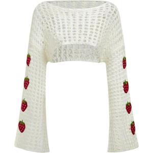 imageSHENHE Womens Crochet Hollow Out Y2k Long Sleeve Cropped Knit Sweater TopBeige