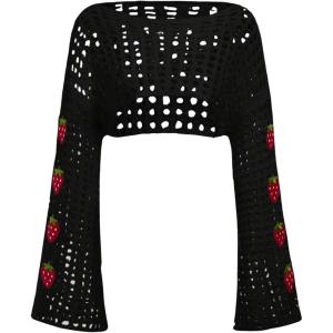 imageSHENHE Womens Crochet Hollow Out Y2k Long Sleeve Cropped Knit Sweater TopBlack