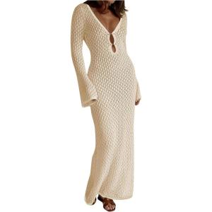 imageSHENHE Womens Crochet Knit Maxi Dress Deep V Neck Long Sleeve Sheer Sexy Long Cover Up DressApricot