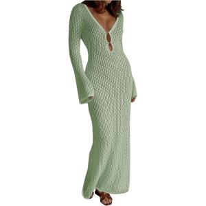 imageSHENHE Womens Crochet Knit Maxi Dress Deep V Neck Long Sleeve Sheer Sexy Long Cover Up DressGreen