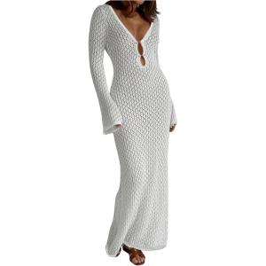 imageSHENHE Womens Crochet Knit Maxi Dress Deep V Neck Long Sleeve Sheer Sexy Long Cover Up DressWhite