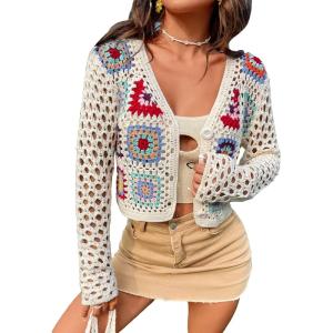 imageSHENHE Womens Floral Crochet V Neck Button Down Long Sleeve Cropped CardigansBeige