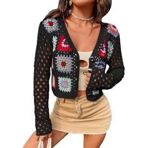 imageSHENHE Womens Floral Crochet V Neck Button Down Long Sleeve Cropped CardigansBlack