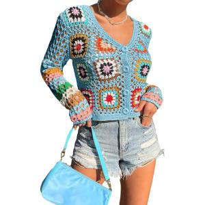 imageSHENHE Womens Floral Crochet V Neck Button Down Long Sleeve Cropped CardigansBlue