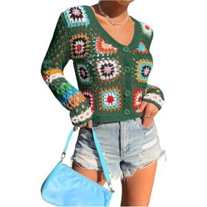 imageSHENHE Womens Floral Crochet V Neck Button Down Long Sleeve Cropped CardigansDark Green