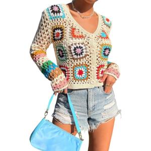 imageSHENHE Womens Floral Crochet V Neck Button Down Long Sleeve Cropped CardigansMulticolor