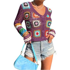 imageSHENHE Womens Floral Crochet V Neck Button Down Long Sleeve Cropped CardigansPurple