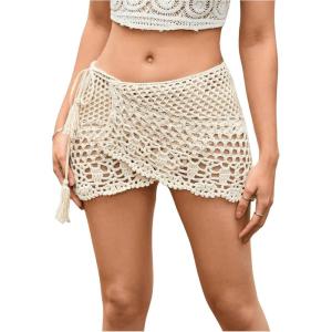 imageSHENHE Womens Hollow Out Sheer Crochet Wrap Skirt Scalloped Sexy Boho Mini SkirtBeige