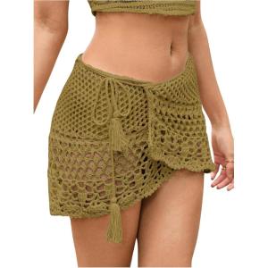 imageSHENHE Womens Hollow Out Sheer Crochet Wrap Skirt Scalloped Sexy Boho Mini SkirtGreen