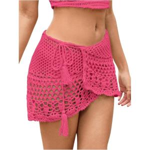 imageSHENHE Womens Hollow Out Sheer Crochet Wrap Skirt Scalloped Sexy Boho Mini SkirtHot Pink