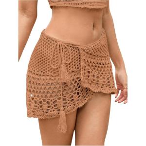 imageSHENHE Womens Hollow Out Sheer Crochet Wrap Skirt Scalloped Sexy Boho Mini SkirtMocha Brown