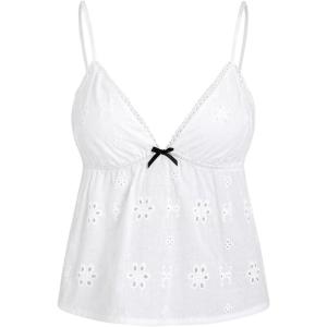 imageSHENHE Womens Lace Trim V Neck Eyelet Camisole Top Spaghetti Strap Babydoll Tank CamiWhite