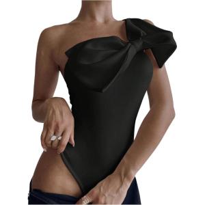 imageSHENHE Womens One Shoulder Sleeveless Big Bow Front Elegant Fitted Tank Top BodysuitBlack