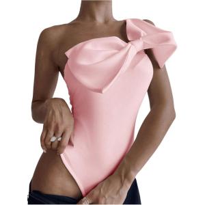 imageSHENHE Womens One Shoulder Sleeveless Big Bow Front Elegant Fitted Tank Top BodysuitPink