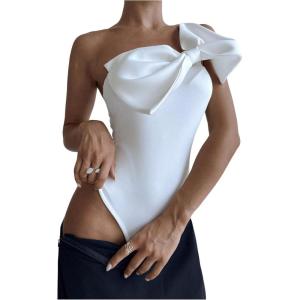 imageSHENHE Womens One Shoulder Sleeveless Big Bow Front Elegant Fitted Tank Top BodysuitWhite