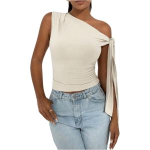 imageSHENHE Womens One Shoulder Tie Knot Sleeveless Ruched Fitted Elegant Going Out Crop TopApricot