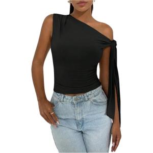 imageSHENHE Womens One Shoulder Tie Knot Sleeveless Ruched Fitted Elegant Going Out Crop TopBlack