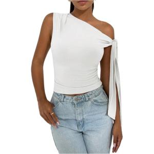 imageSHENHE Womens One Shoulder Tie Knot Sleeveless Ruched Fitted Elegant Going Out Crop TopWhite