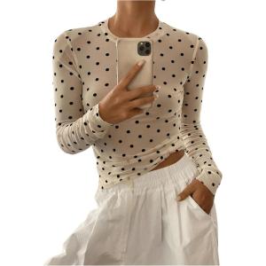 imageSHENHE Womens Polka Dots Sheer Mesh T Shirt Round Neck Slim Fitted Streetwear TopBeige