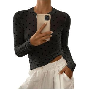 imageSHENHE Womens Polka Dots Sheer Mesh T Shirt Round Neck Slim Fitted Streetwear TopBlack