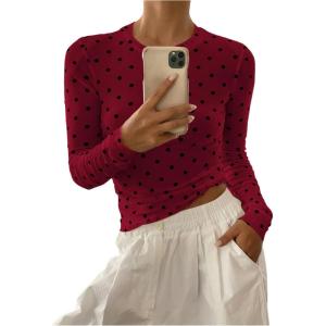 imageSHENHE Womens Polka Dots Sheer Mesh T Shirt Round Neck Slim Fitted Streetwear TopBurgundy