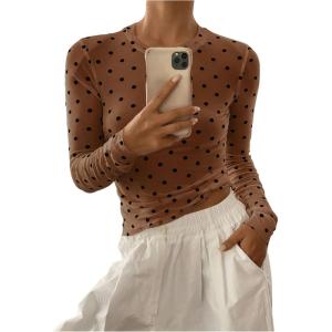 imageSHENHE Womens Polka Dots Sheer Mesh T Shirt Round Neck Slim Fitted Streetwear TopCoffee Brown